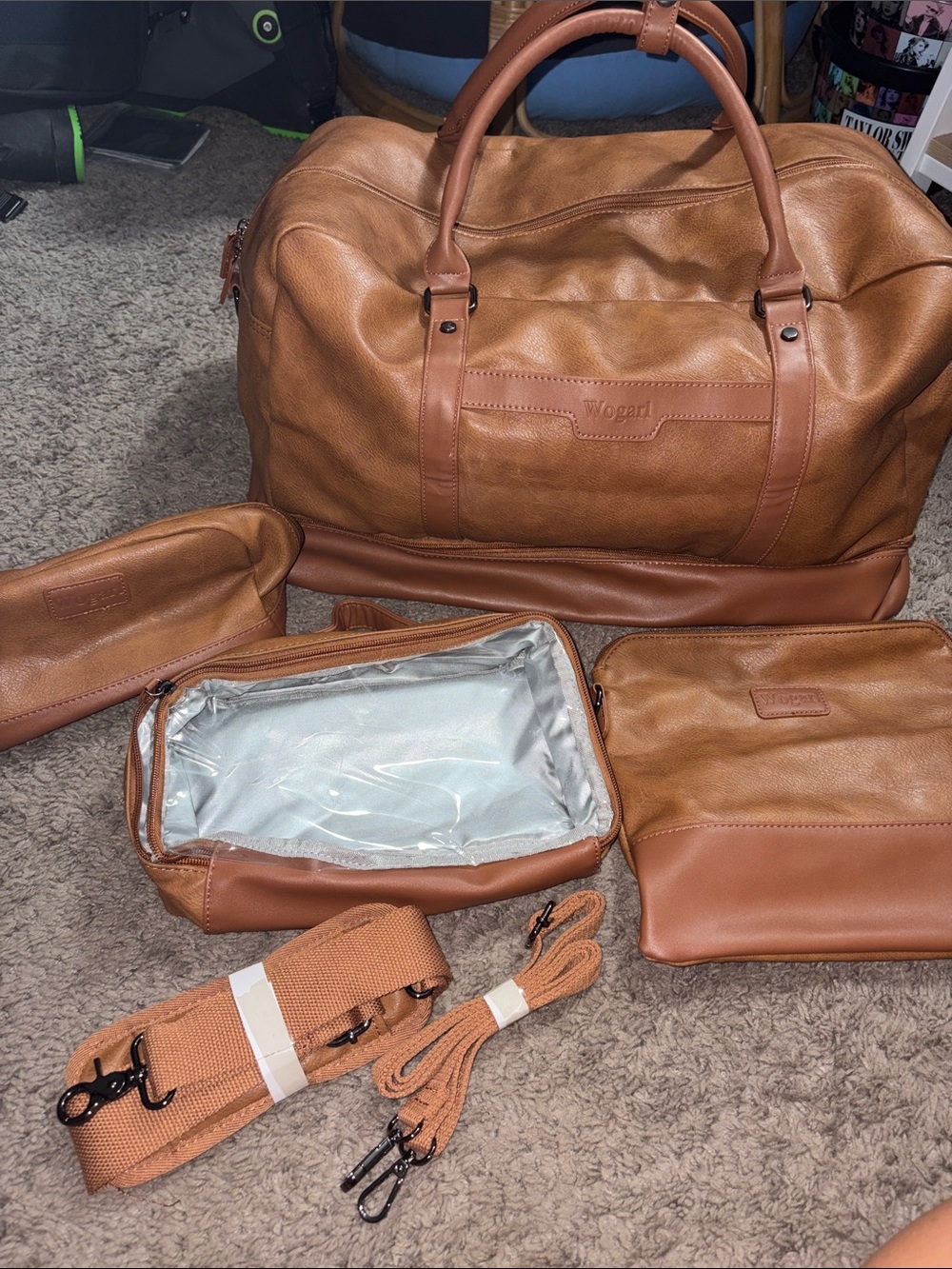 4-piece Wogarl Faux leather Tan Travel Duffel with Shoe Compartment